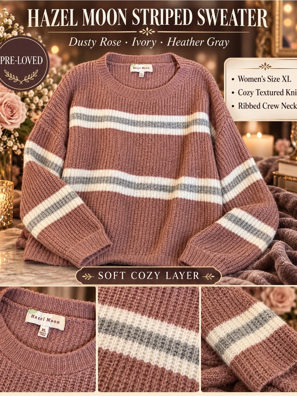 Dusty Rose Striped Sweater - Women’s XL - PreLoved